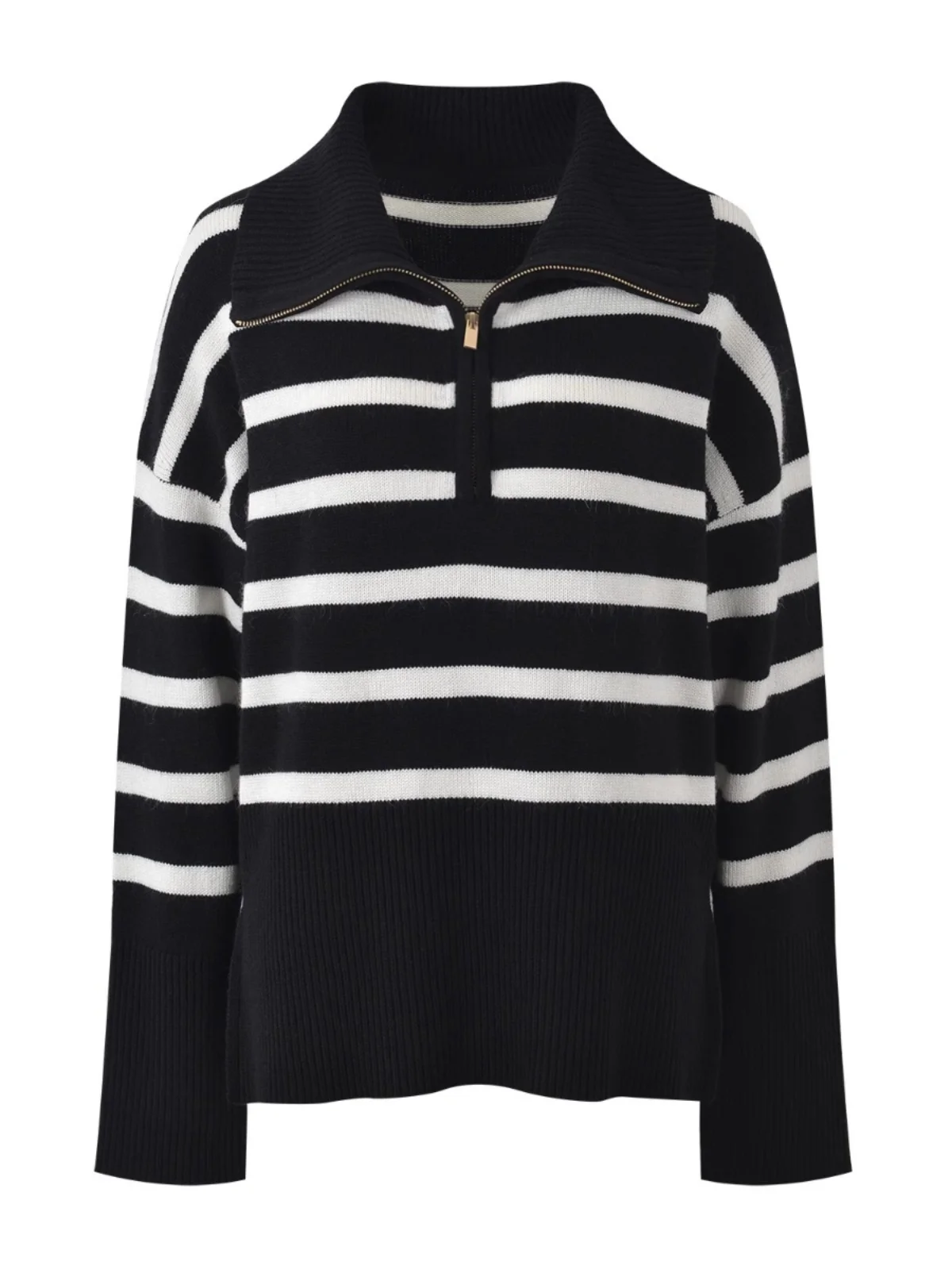 

Новый классический женский свитер на молнии с отложным воротником, в черно-белую полоску, с цветовыми блоками, модный и универсальный, осень 2024