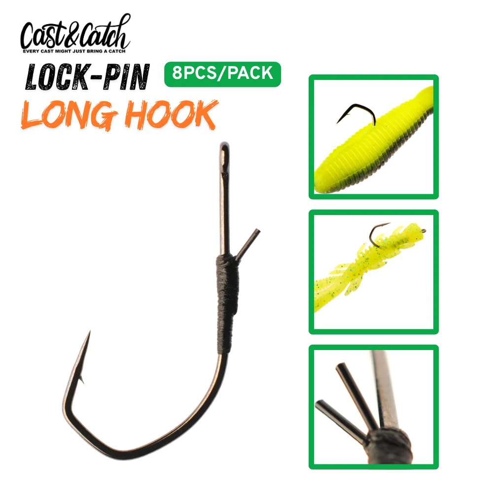 

Cast&Catch 8PCS Lock Pin Long Hook High Carbon Steel Barbed Hook Soft Worm Lure Bass Carp Freshwater Fishing Hook