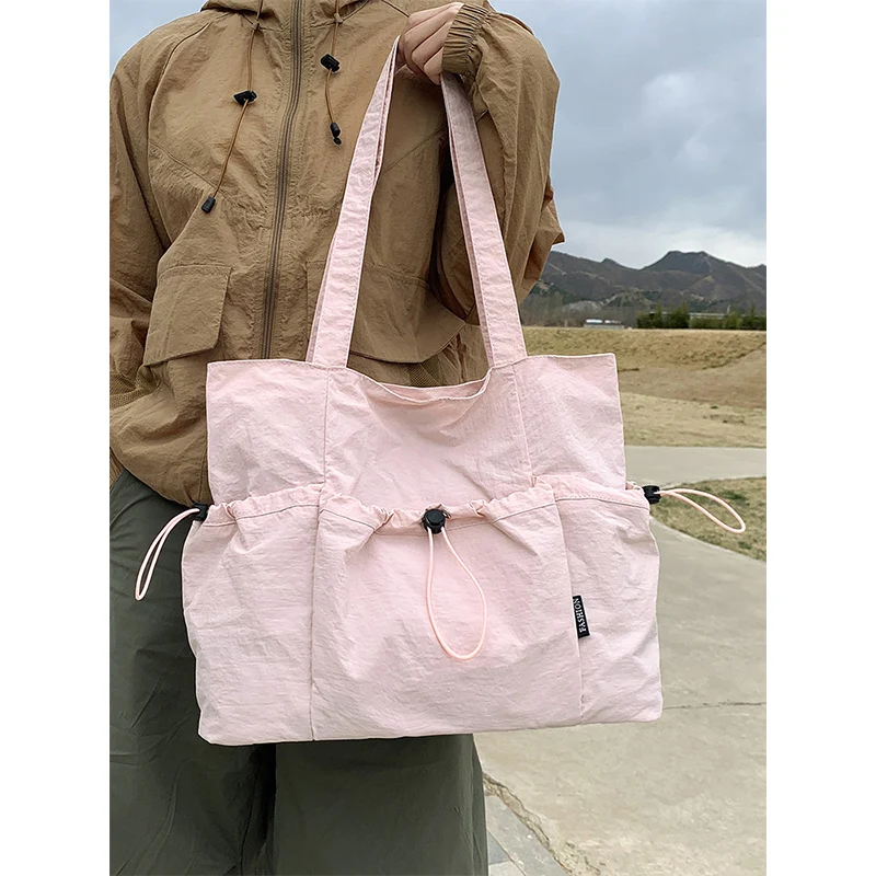 

Women Drawstring Tote Bag Fashion Shoulder Bag Large Capacity Simple Shopping Bag Solid Color Pleated Nylon Handbag
