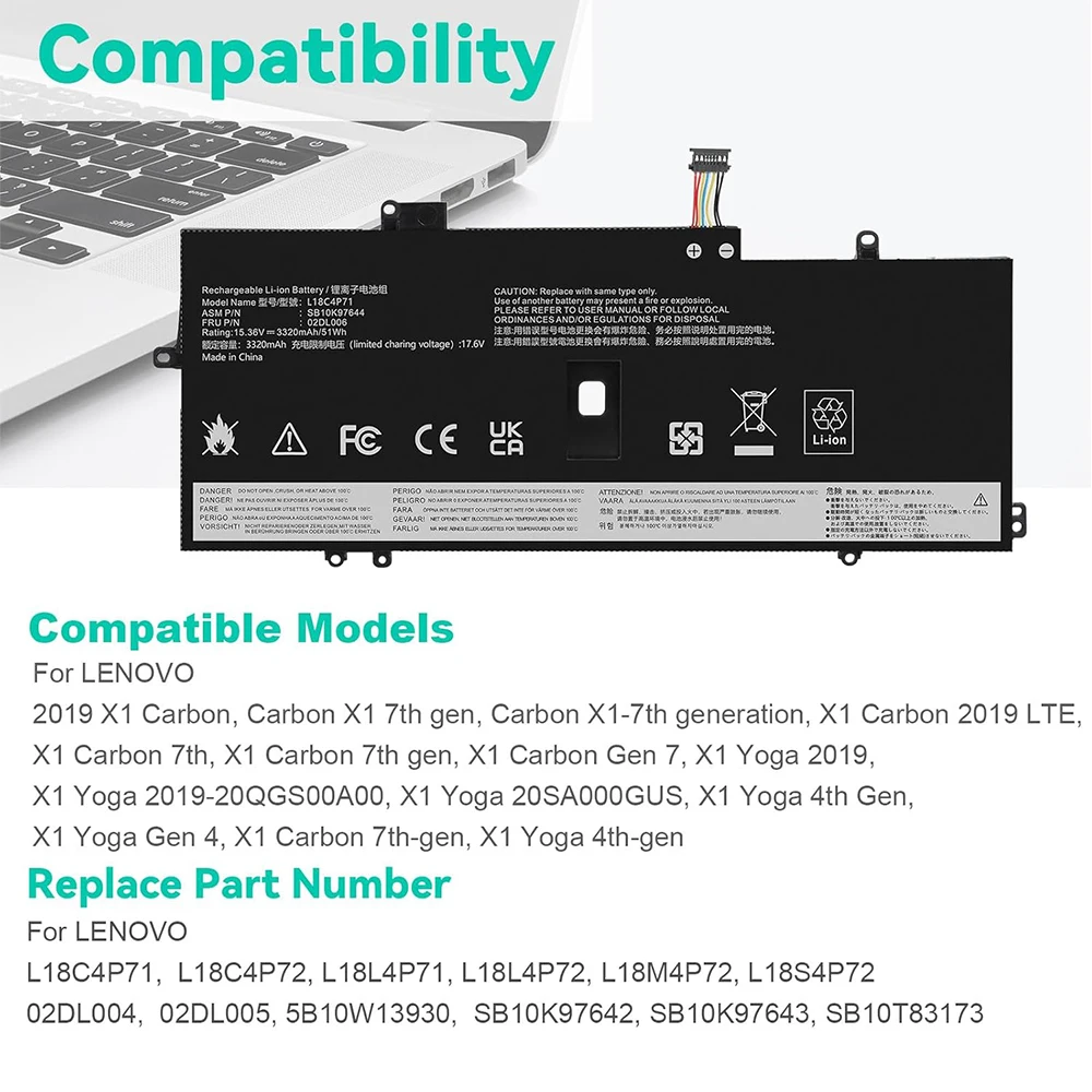 L18C4P71 L18M4P72 Battery for Lenovo Thinkpad X1 Carbon 7th Gen, X1 Carbon 8th Gen,ThinkPad X1 Yoga 4th/5th Gen Series L18L4P71