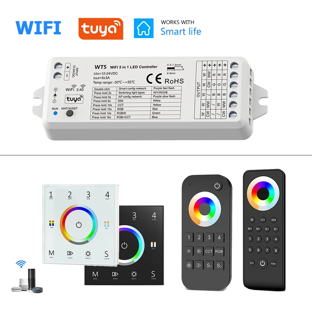 

5in1 WiFi Smart LED Controller 5050 RGB+CCT RGBCW Strip Light Dimmable 12V 24V Tuya Smart Life APP Voice Control fr Alexa Google