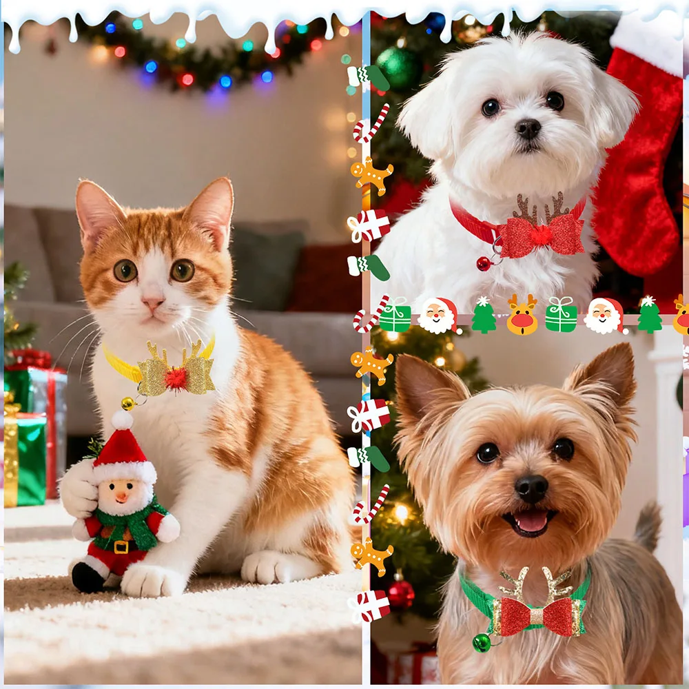 20/40PCS New Dog Collars With Bell Christmas Party Antlers Adjustable Dog Bow Ties Fashion Pet Supplies For Dog Bowties