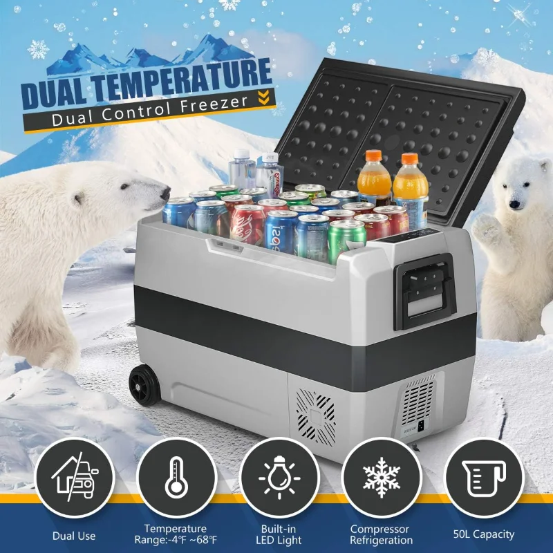 COSTWAY Refrigerador para automóvil con ruedas, refrigerador eléctrico de 53 cuartos con control de aplicaciones, temperatura dual de doble zona, -4 ° F a 68 ° F F F