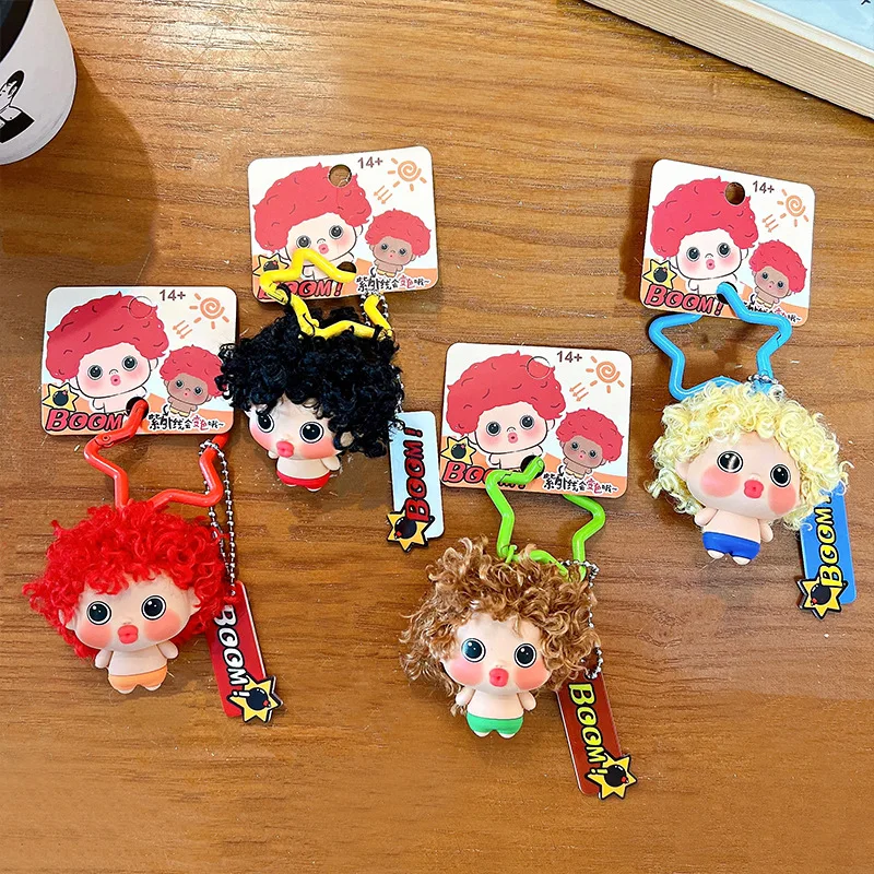 Creative UV-changing Hair Curling Girl Keychain Cartoon Curly-haired Smiling Pendant Backpack Accessory Car Keyring for Couples
