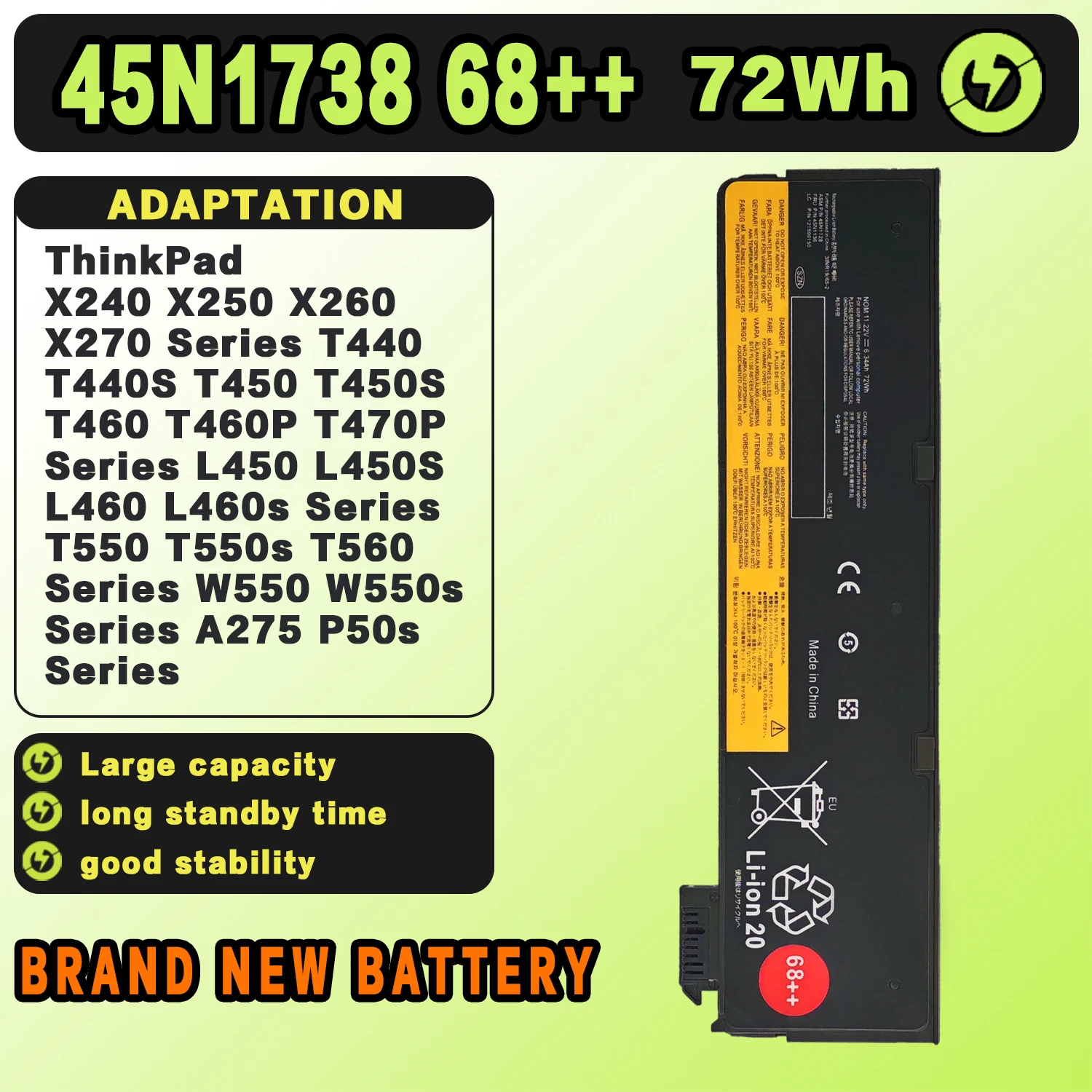 SAT 45N1738 68++ New Laptop Batteries Replacement For LENOVO ThinkPad X240 X250 X260 T440 T440S T450 T450S L450 11.22V-72Wh