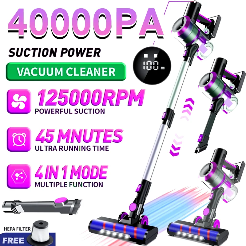 High Suction Home Vacuum Cleaner, 45 Minutes Run Time, Flexible Floor Brush with LED Lights