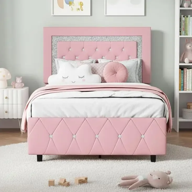 USA Stock Twin Bed Frame With Headboard, Princess Twin Bed Frames For Kids | Faux Leather Upholstered Bed With Diamond Tufted De