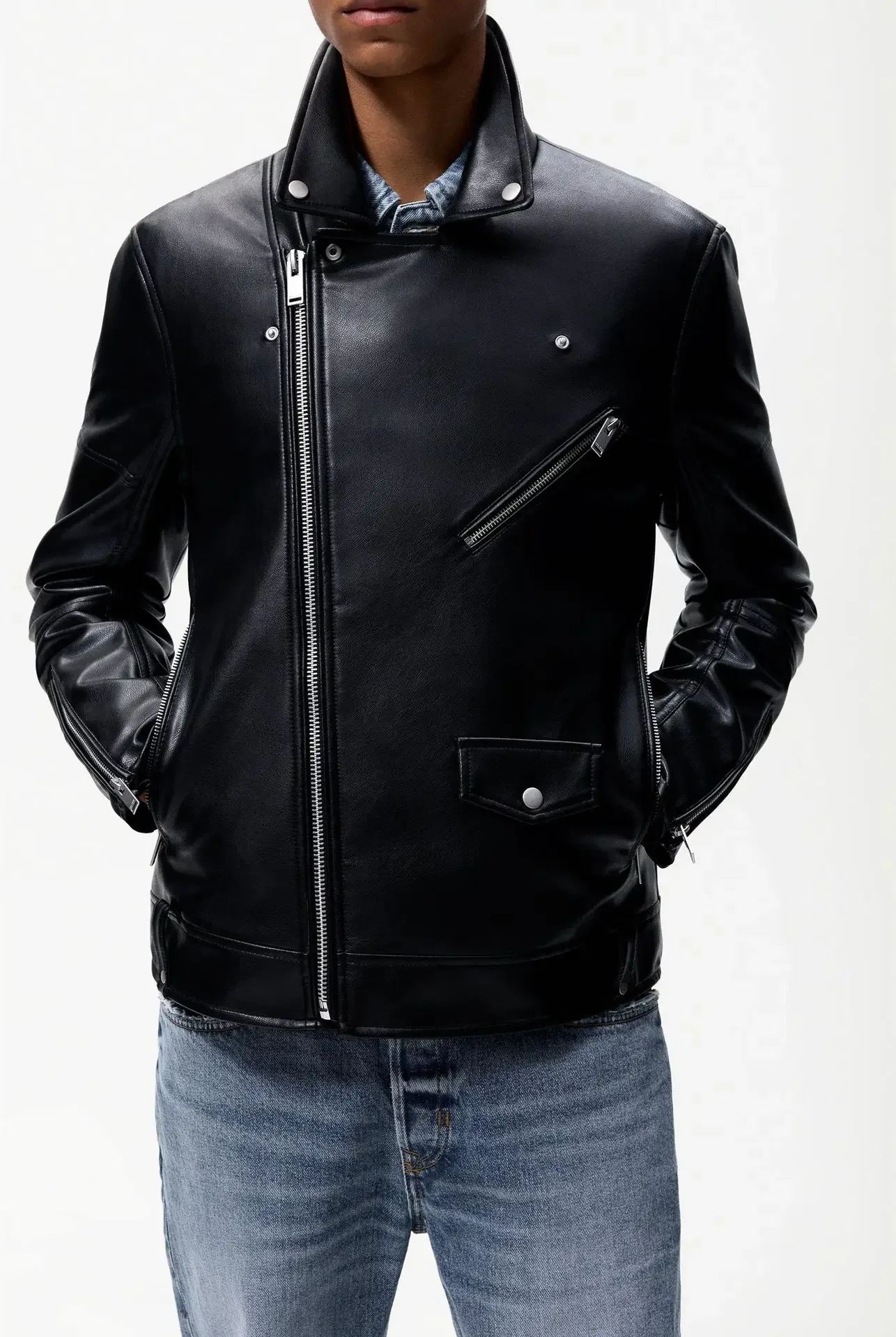 Men's Faux Leather Biker Jacket Fashion Solid Long Sleeve Leather Coat for Men