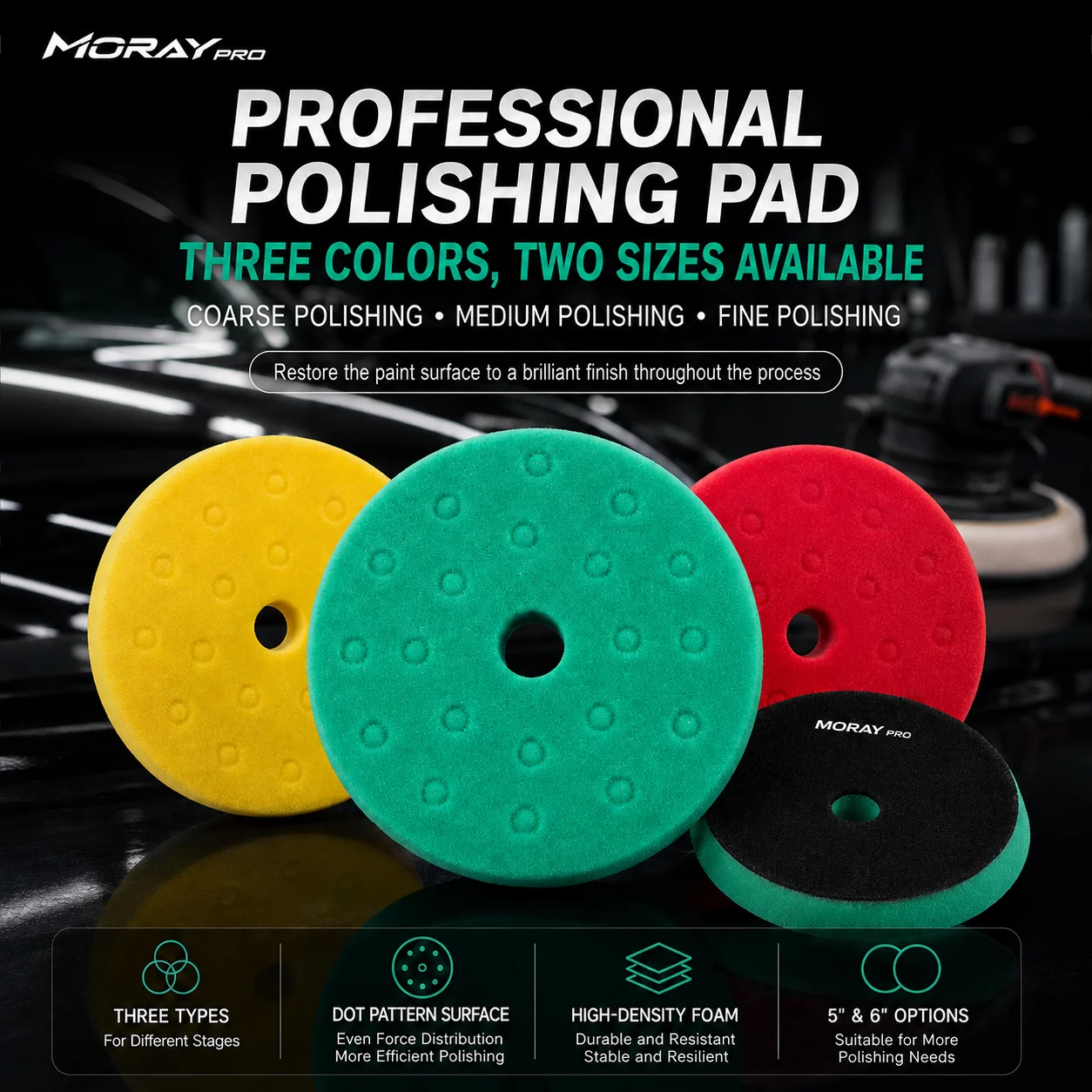 MORAY car polishing foam pads, 5-inch and 6-inch tri-color pads: coarse for scratch removal, medium for paint correction, fine f
