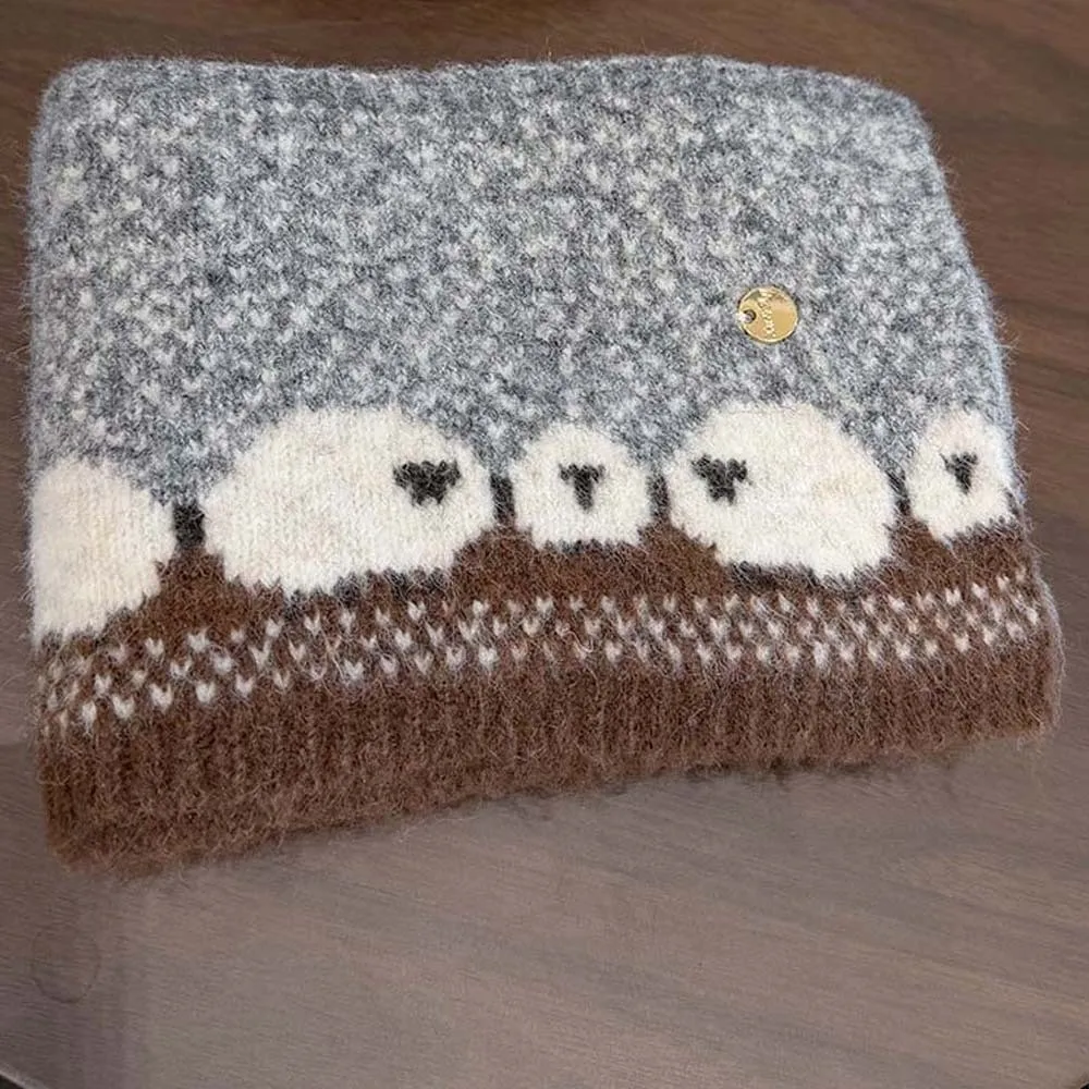 Wool Blend Winter Knitted Scarf Color Contrast Cute Design Cute Lamb Scarf Soft Texture Thermal Fabric Wool Blend Neckerchief