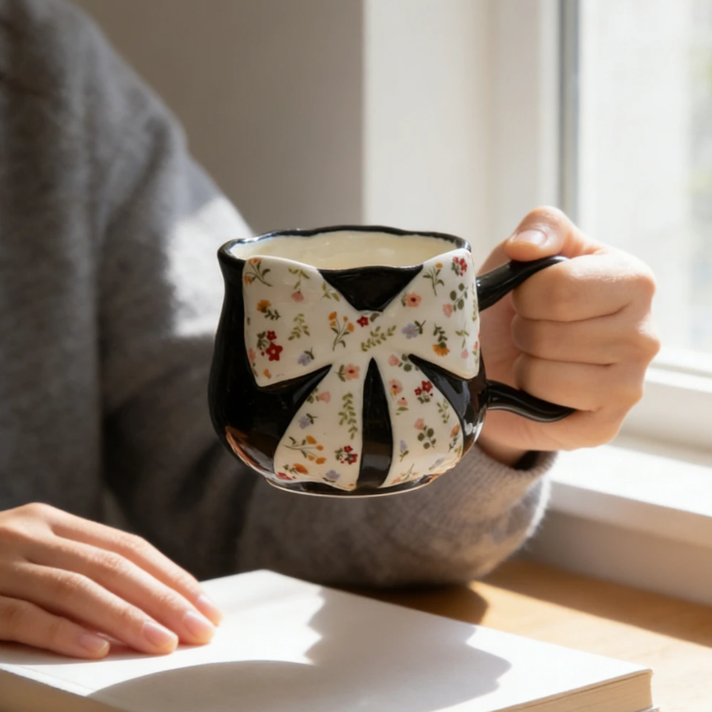 

Нежная и очаровательная кружка для девочек с цветочным узором и бантиком-бабочкой, термостойкая, стильная кофейная чашка