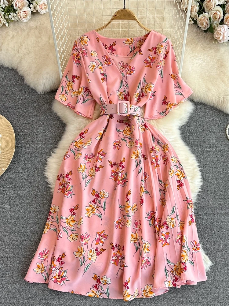 INS mujeres verano cuello pico estampado floral vendaje plisado vestido largo casual fiesta cintura alta vestido de fiesta elegante Vestido de playa