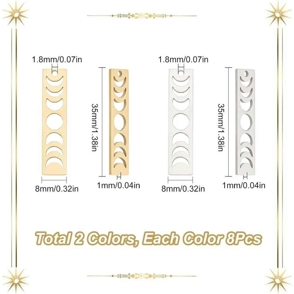 1 Box 0.6/pc Moon Phase Charms Stainless Steel Moon Charms Lunar Charms Lucky Crescent Charm Laser Cut Hollow Bar Charm