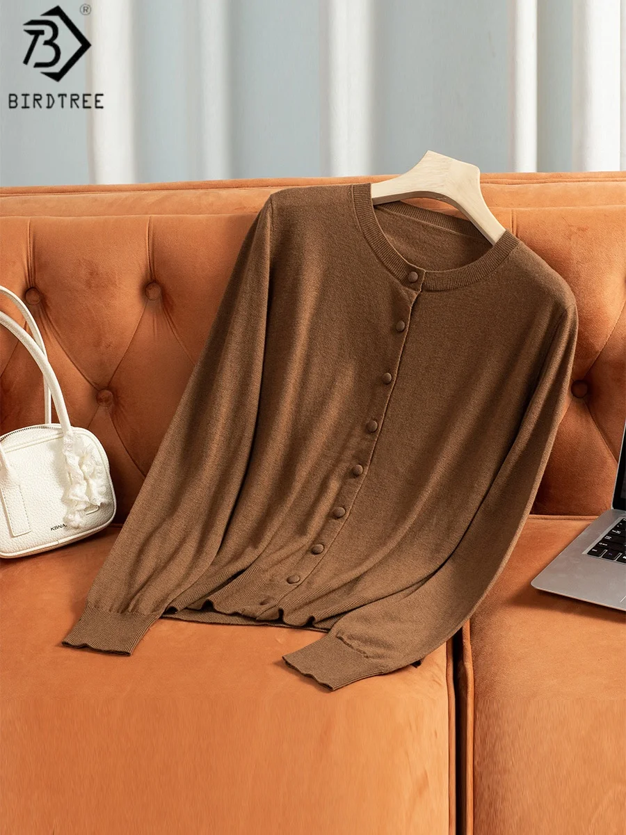 

Birdtree однотонный кардиган из 100% овечьей шерсти, женское осеннее пальто с круглым вырезом и длинными рукавами, мягкое свободное однобортное вязаное пальто, топы T58519JF