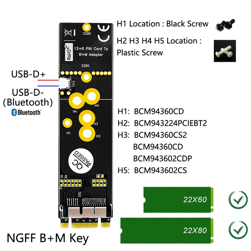 Módulo de tarjeta inalámbrica BCM94360CD, BCM94360CS2, BCM943224PCIEBT2, 12 + 6 pines, Bluetooth, WiFi, a M.2 NGFF Key B + M adaptador para Mac OS, nuevo