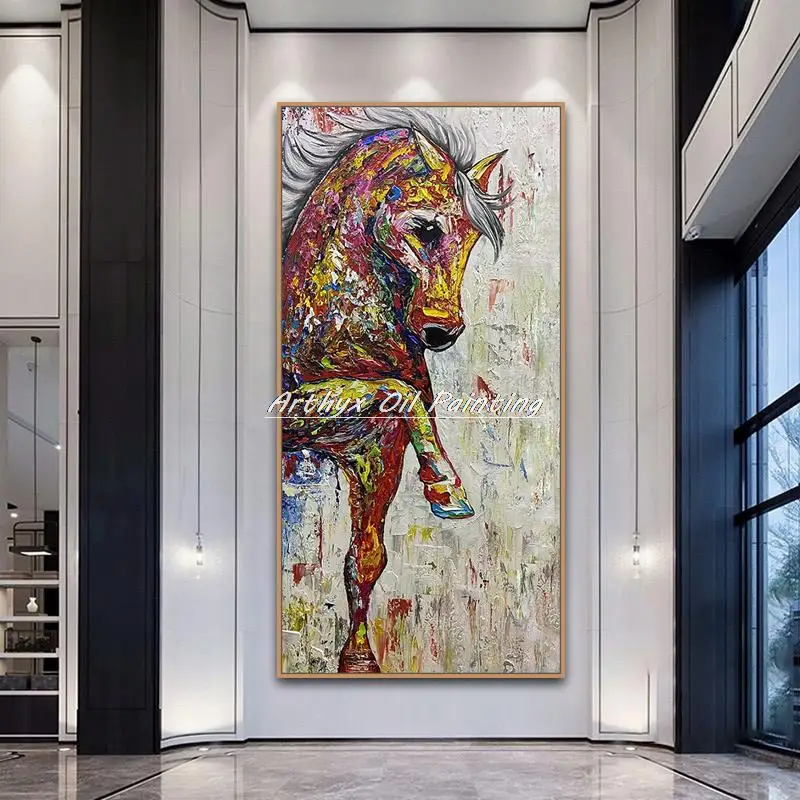 Arthyx Hand Painted Horse Animal Oil Painting On Canvas,Modern Abstract Pop Art Wall Picture For Entry & Mudroom Kids Home Decor