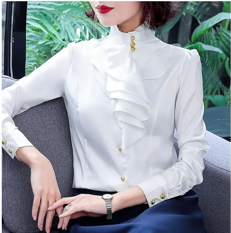 Puls Size Satin Blouse women Fashion Women Office Blouse Long Sleeve Shirt Women Work Wear Sheer shirt Women