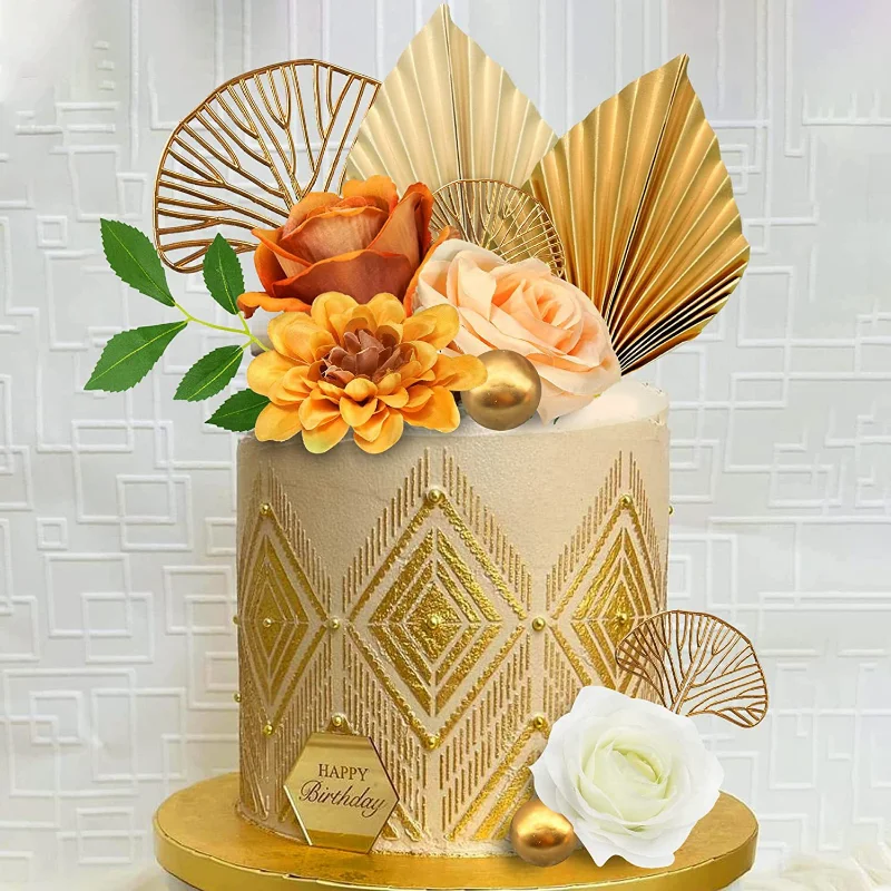 53 Pièces Set De Décorations De Gâteau Boho Boules De Gâteau En Mousse Gâteaux Toppers De Feuilles De Palmier Séchées Fleurs Séchées Artificielles Pour Baby Shower Mariage (Vert, Blanc, Or