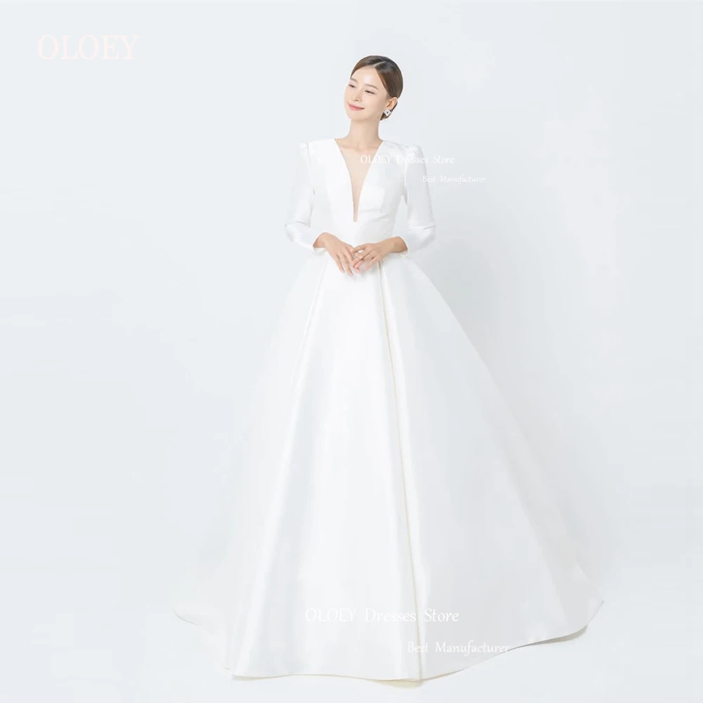 Oloey 2023 Eenvoudig Satijn A Lijn Korea Trouwjurken Fotoshoot Lange Mouwen V Hals Vloer Lengte Bruidsjurken Mariage Custom