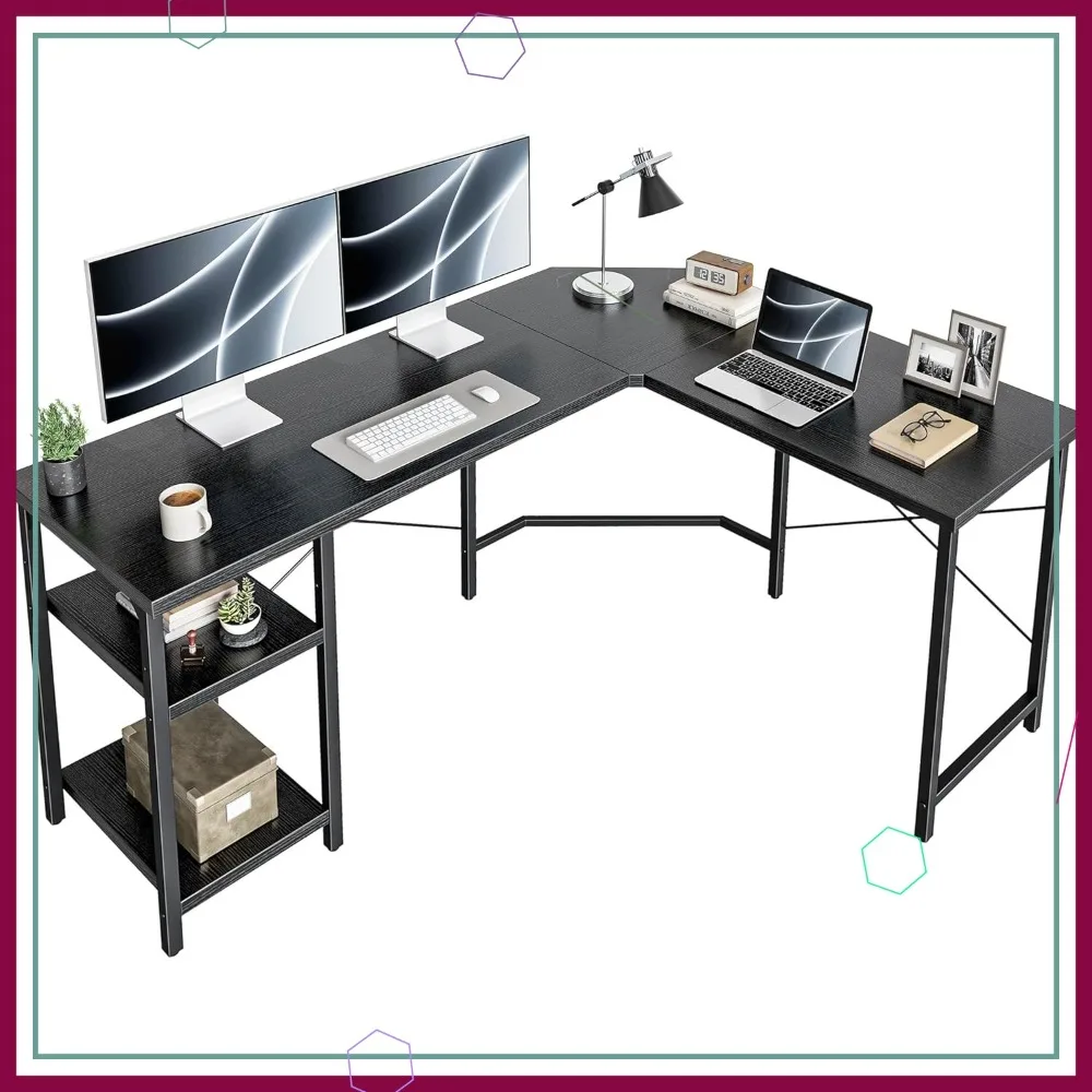 

Двусторонний L-образный угловой стол 59,1 дюйма с полками для хранения, игровой рабочий стол для домашнего офиса черного цвета