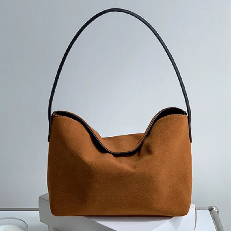 

Design Solid Color Suede Tote Bag For Woman Faux Fur Vintage Female Underarm Purse Small Phone Handbag