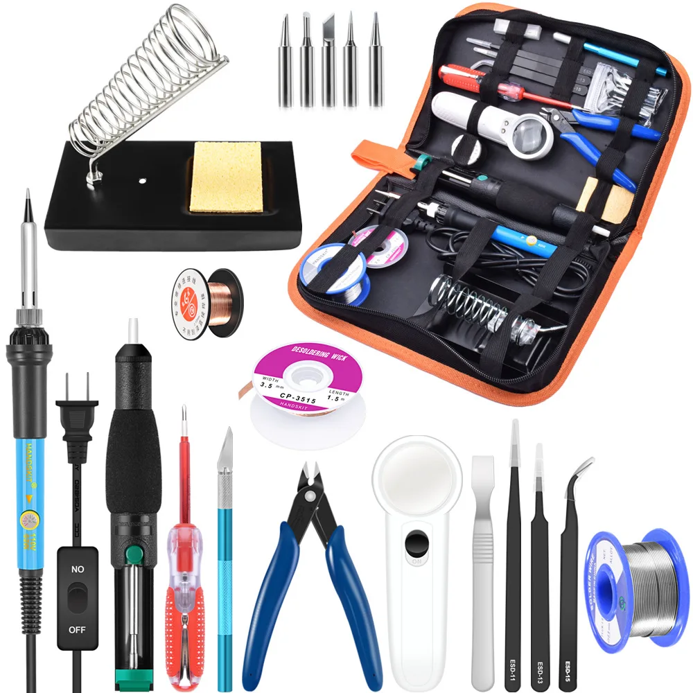 

60W adjustable temperature electric soldering iron repair kit with tin absorber, magnifying glass pliers, screwdriver pliers