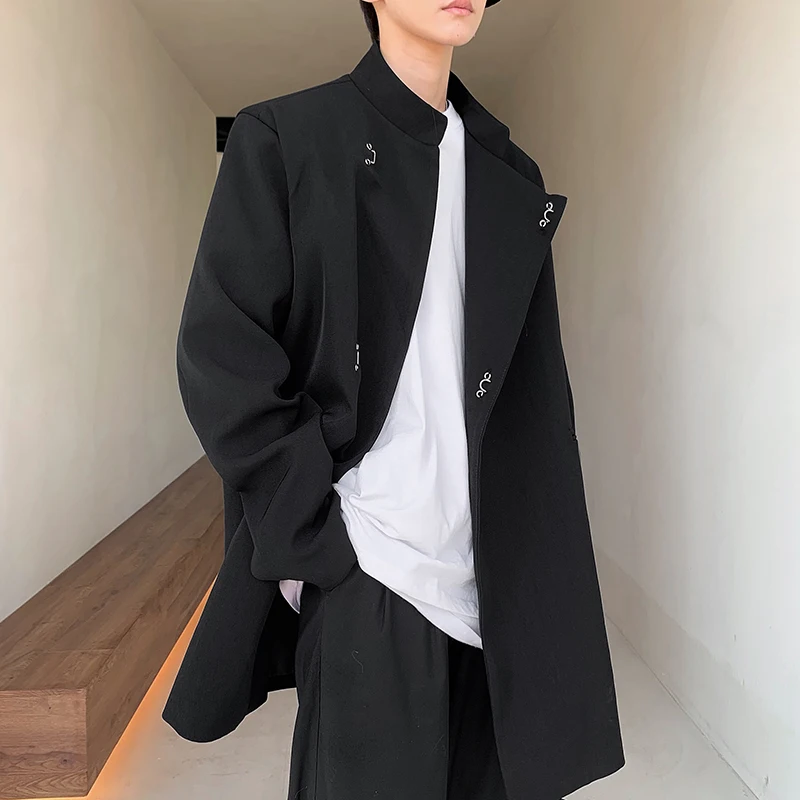 Classic Men's Long Sleeve Tunic Suit Zhongshan Casual Loose Fit Jacket Solid Color Stand Collar Asymmetric Button