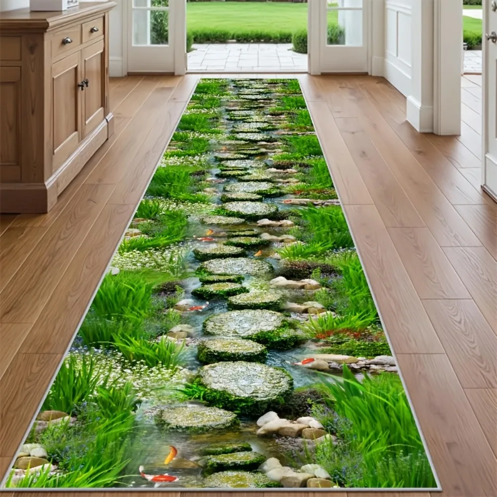 Green Stream Stone Path 3D Runner Rug Nature Inspired Design Indoor Floor Mat For Hallway Entryway Living Room Home Decor