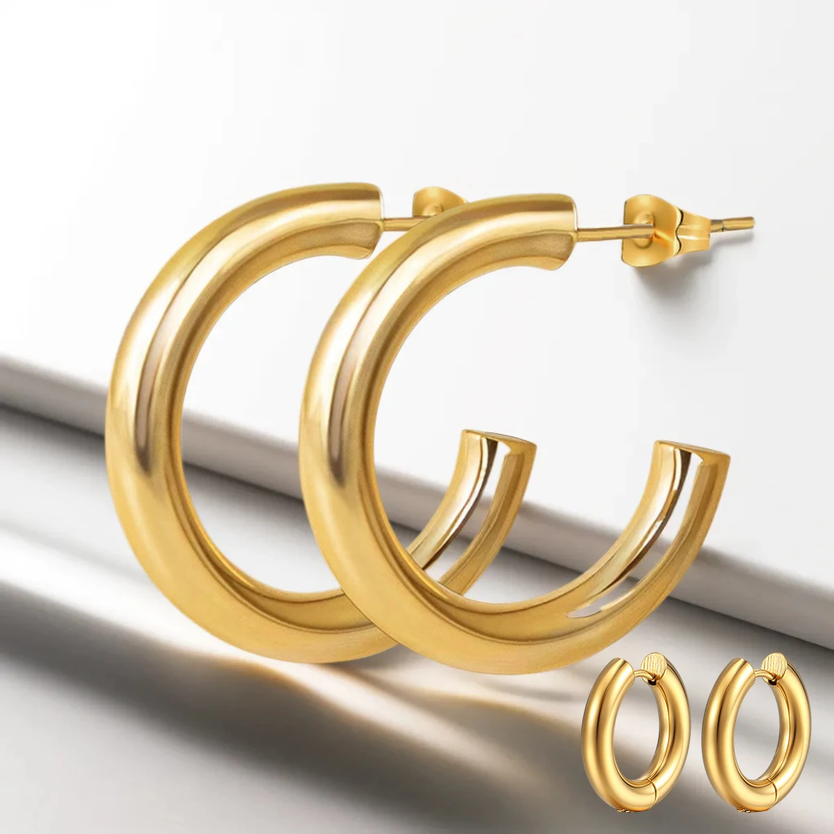 Big C Shaped Piercing Hoop Earrings For Women Gold Color Chunky Earing Accessories Minimalist Fashion Trendy Hollow Jewelry E416