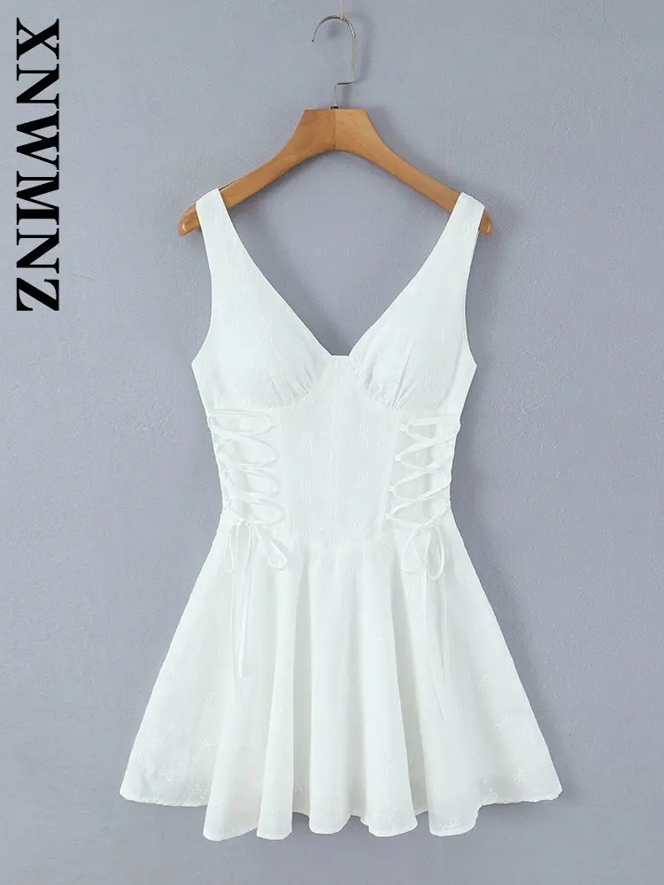 

XNWMNZ 2026 Summer Woman Party Chic Sleeveless Short Dress Fashion Holiday Spring Woman's White V-Collar Sexy Thin Slim Dresses