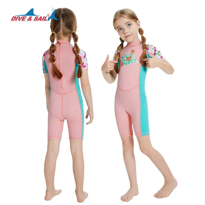 Maillot de bain une pièce à manches courtes pour enfants, séchage rapide, crème solaire, anti-méduse, natation, surf, plongée, trempé, bleu marine, rose