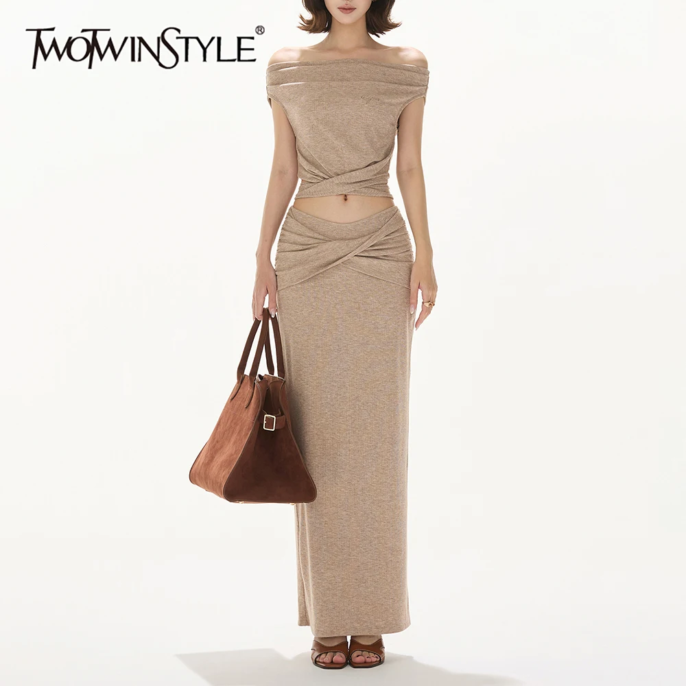 

TWOTWINSTYLE Khaki Spliced Folds Two Piece Set Female Slash Neck Sleeveless T Shirt Elegant Luxury Women's Skirt Set Fashion New