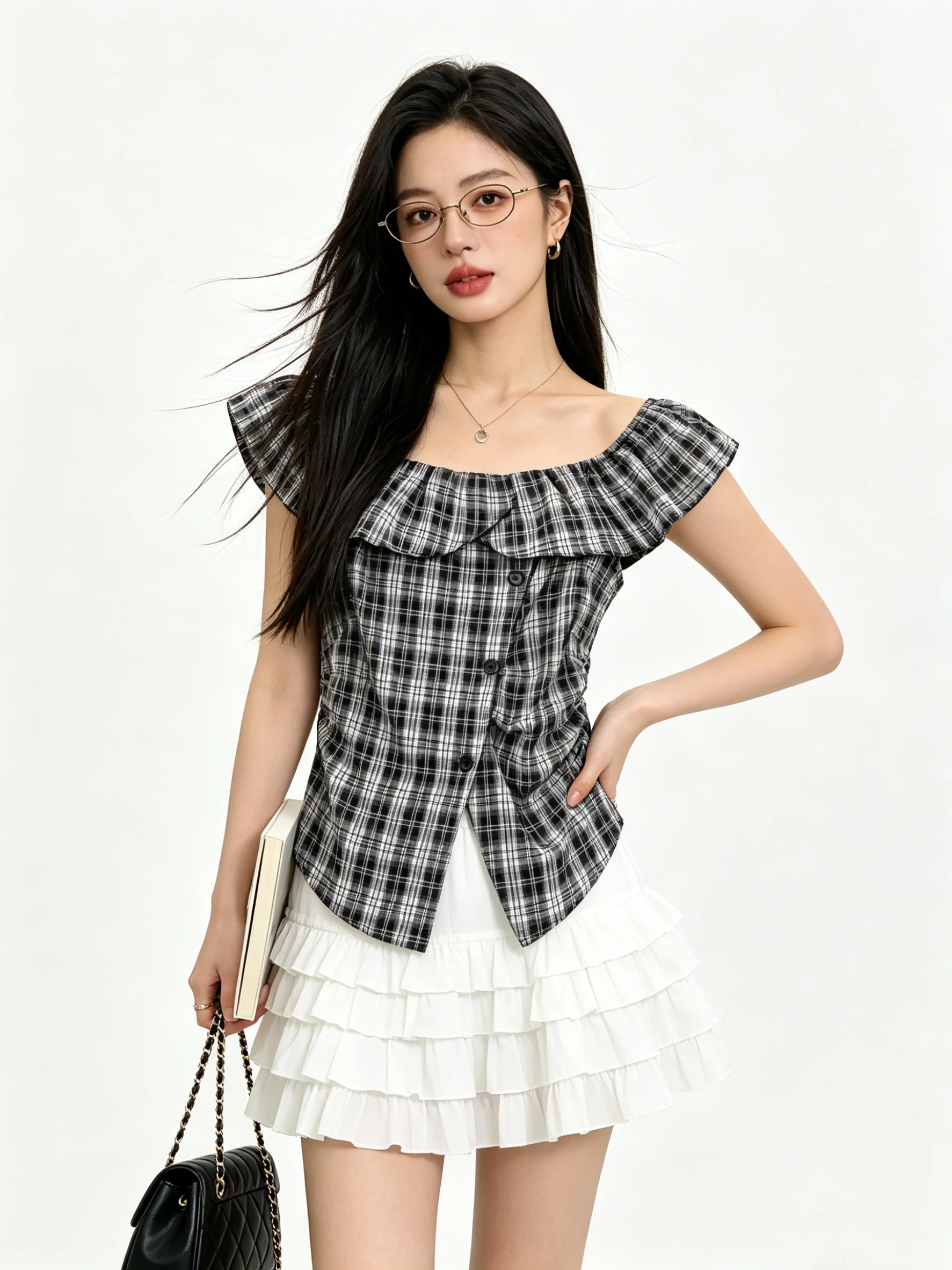

Retro Korean Style Plaid Shirt One Shoulder Tunic Top with Ruffle Hem Slim Fit Short Length Asymmetrical Women's Summer Blouse