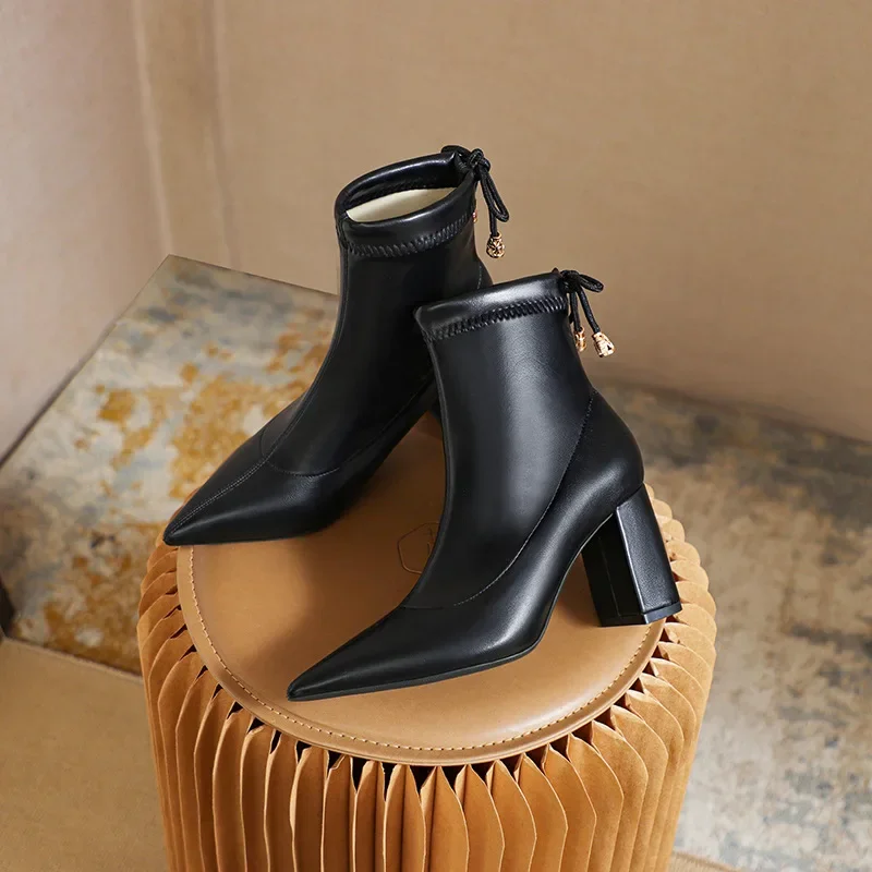 

Size 32-43 Autumn And Spring Pu Leather Stretch Ankle Boots Pointed Toe Chunky Heel 7.5cm High Heels White Black Short Boot