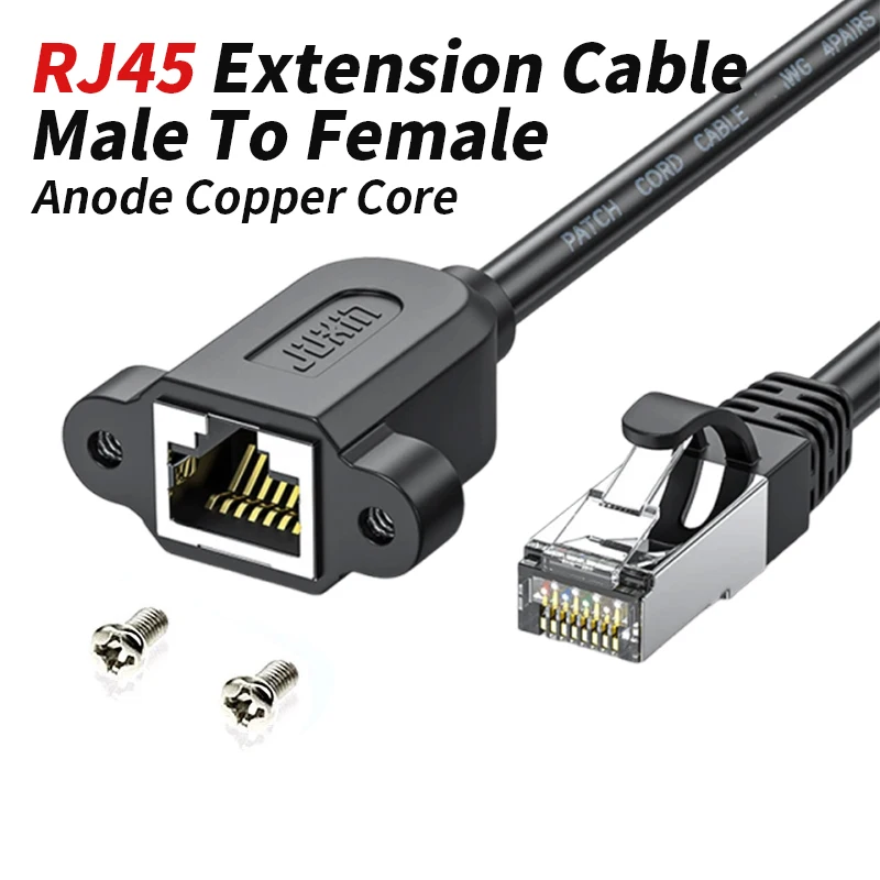 CAT6A RJ45 Gigabit Shielded Ethernet Cable with Ear Screw Hole Cabinet Fixed Male to Female CAT6 RJ45 Extension Wire Shield Line