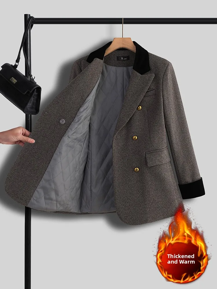 

Gray Cotton Blend Thickened Winter Women's Suit Jacket Casual Loose Fit Premium Feel Commute Style Long Sleeve Button up