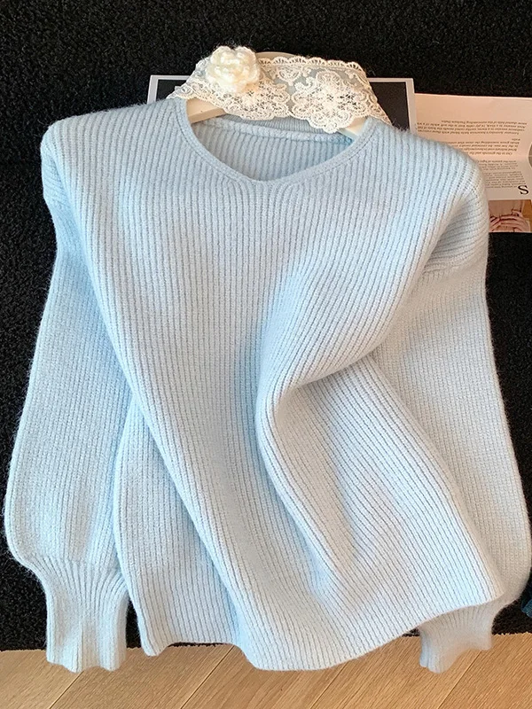 

Blue V-Neck Hollow out 3D Flower Loose Knitted Sweater Women's Autumn Winter Slimming Top Fashionable Casual Long Sleeve Crew...