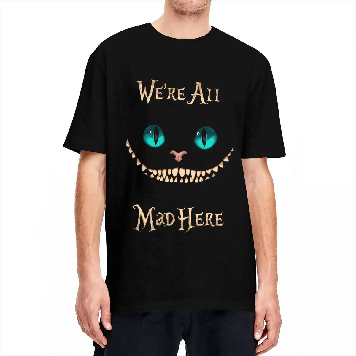 男性と女性のためのヴィンテージ半袖コットンTシャツ,テナーランド,チェシャ猫,ラウンドカラー,パーティーウェア