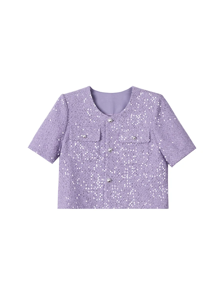 Dames elegant glanzend lovertjes tweed jasje met korte mouwen dame zomer streetwear o hals enkele rij zakken losse uitloper