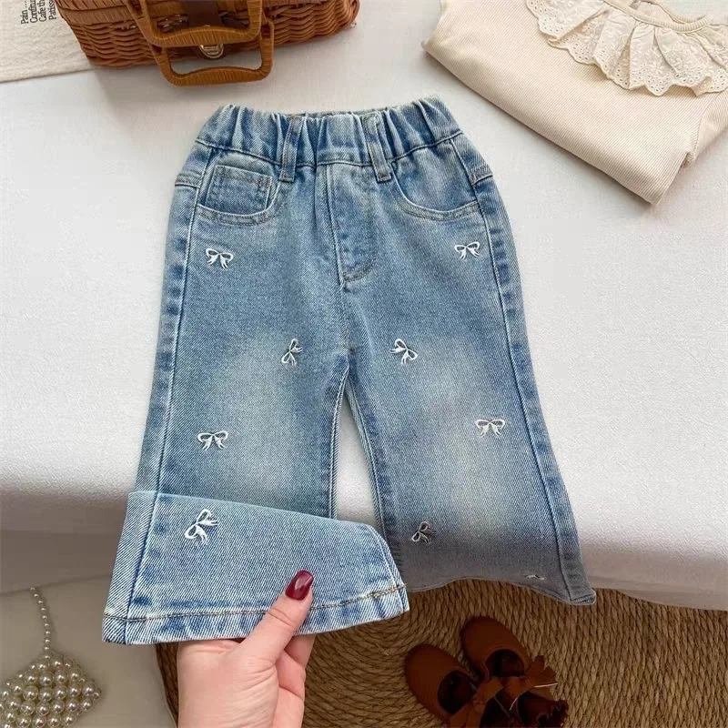 RAISE Frühlings-Jeans für Mädchen mit Schleife, Baumwoll-Babyhosen mit Elastikbund, Kinder-Schlaghosen für Mädchen, Flare-Hosen für kleine Mädchen