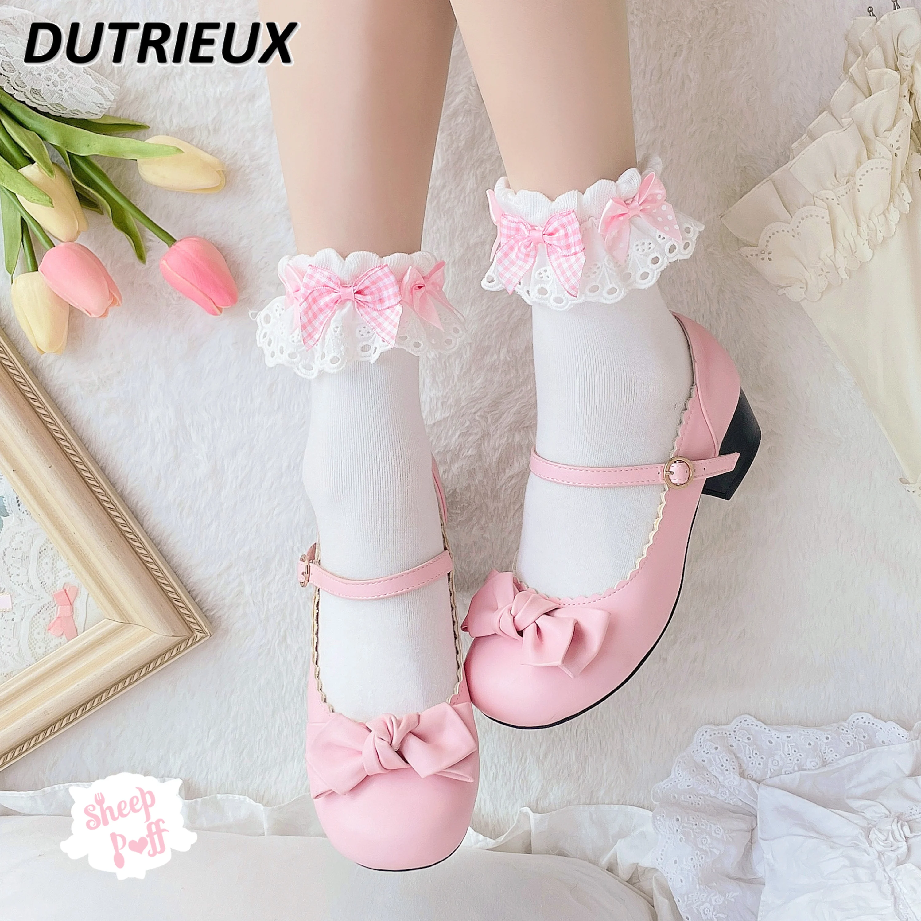 Original Polka Dot Plaid Bow Lace Spring and Summer Lolita Short Cotton Socks for Women Simple Solid Color Girls Hosiery