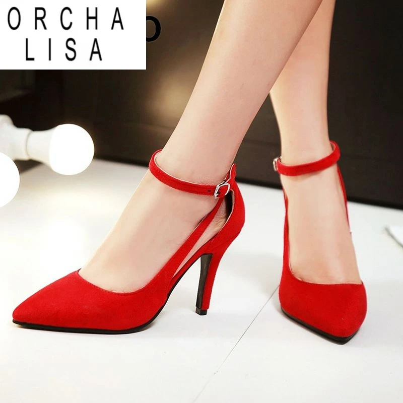 

ORCHA LISA 2025 Сексуальные женские босоножки с острым носком на тонком каблуке 8 см с пряжкой и ремешком из флока, замша, большие размеры 41 42 43 Свадебные женские туфли