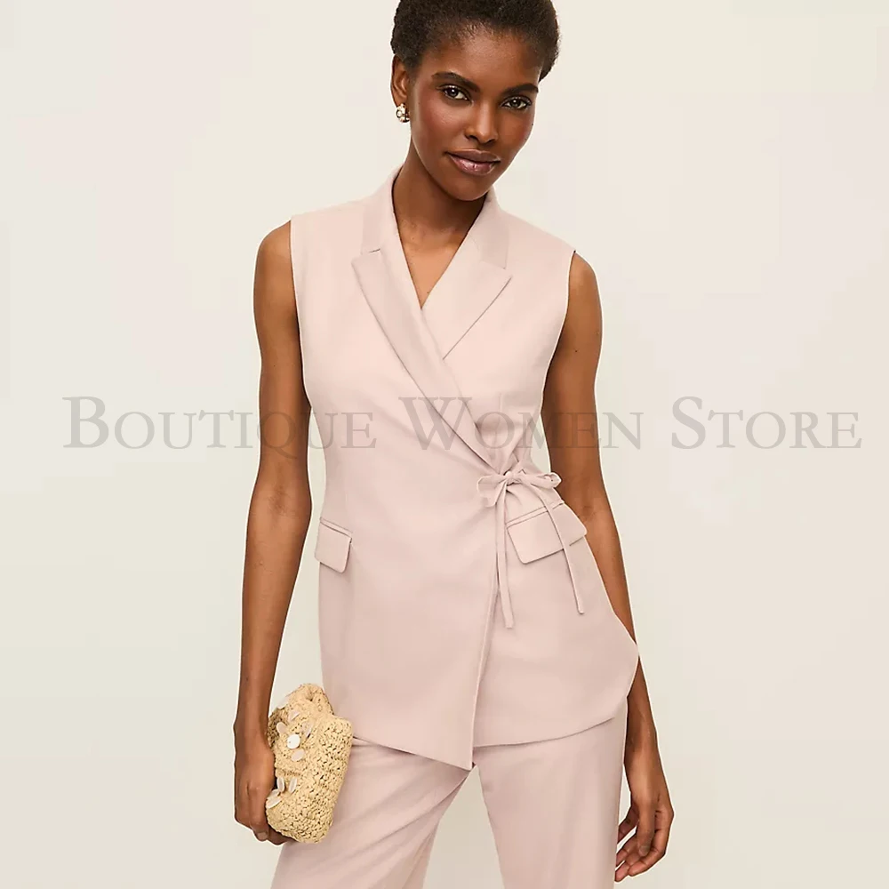 

Luxury Summer Women's Suits Blazer Pink Peak Lapel Sleeveless Waistcoat With Pants 2 Piece Customized Female Clothing