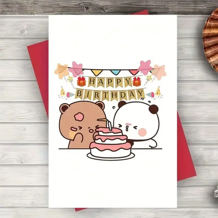 Cute DuDu Bear And BuBu Panda Celebrating 2025, Perfect For Family, Friends, Colleagues - Festive Design With Balloons, Flowers, And Cake, Charming Illustration, Vibrant Greeting Card Gifts Mother's Day view 3