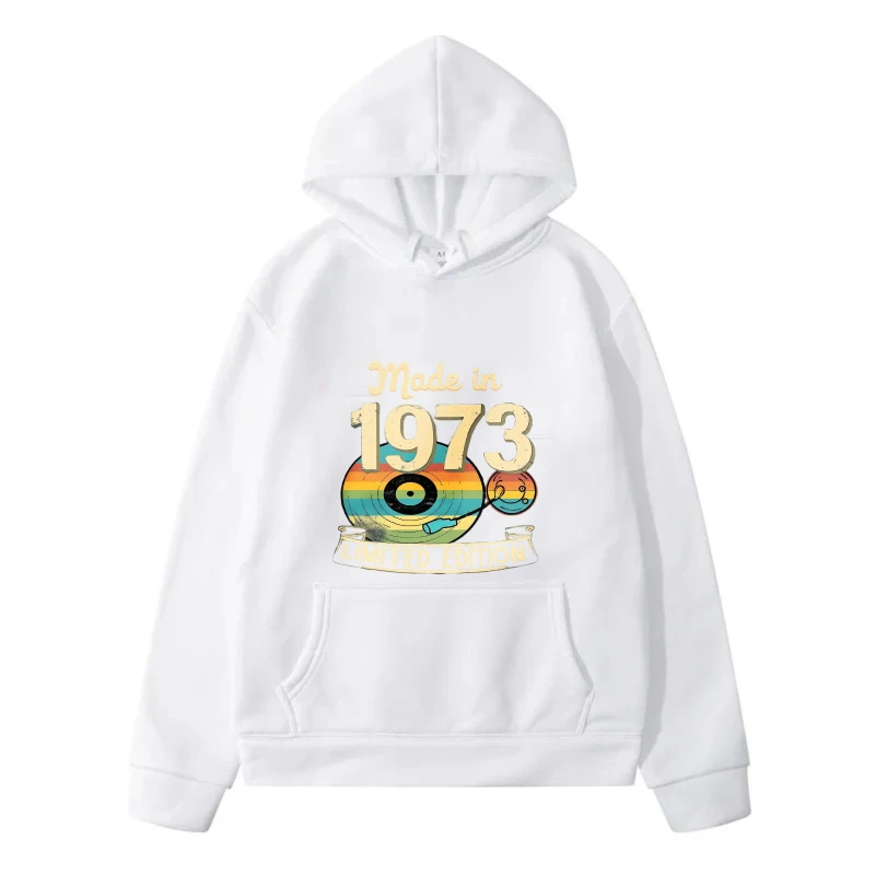 سويت شيرت رجالي بقلنسوة باللون الأسود مصنوع في عام 1973، إصدار محدود من الفينيل مطبوع عليه سجل عالي الجودة من القطن كاجوال ملابس الشارع الشهير للرجال