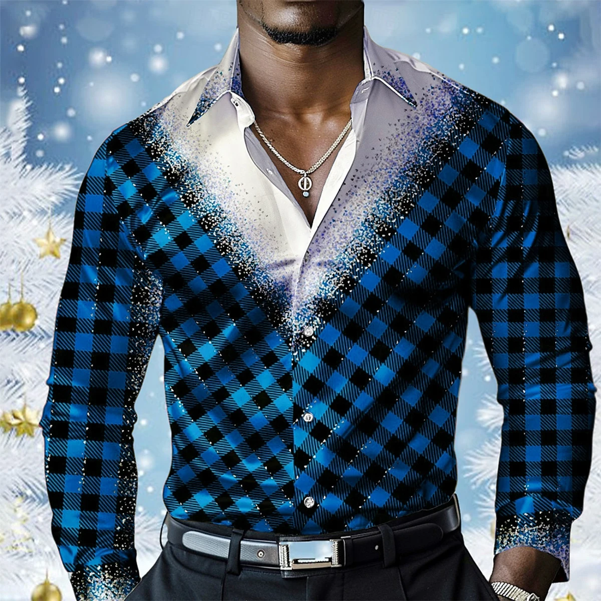 Christmas men's plaid shirt officially long -sleeved fashion leisure party night wearing holiday autumn lapel shirt 3D HD printi