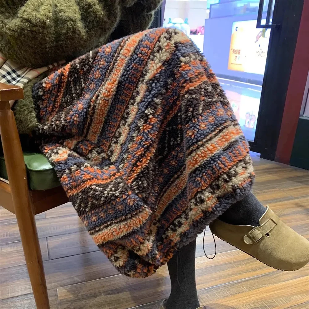 Vintage Ethnischer Stil Lammfell-Rock Damen Elastische Hohe Taille A-Linie Jupe Mode Kordelzug-Röcke Koreanischer Winter Saia