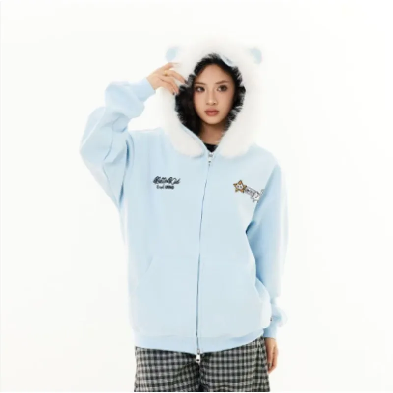 

Sweatshirts Korean Cute Meow Hat Fur Collar Hooded Sweater Top Women's Autumn and Winter Velvet Loose Lazy Style Design Jacket