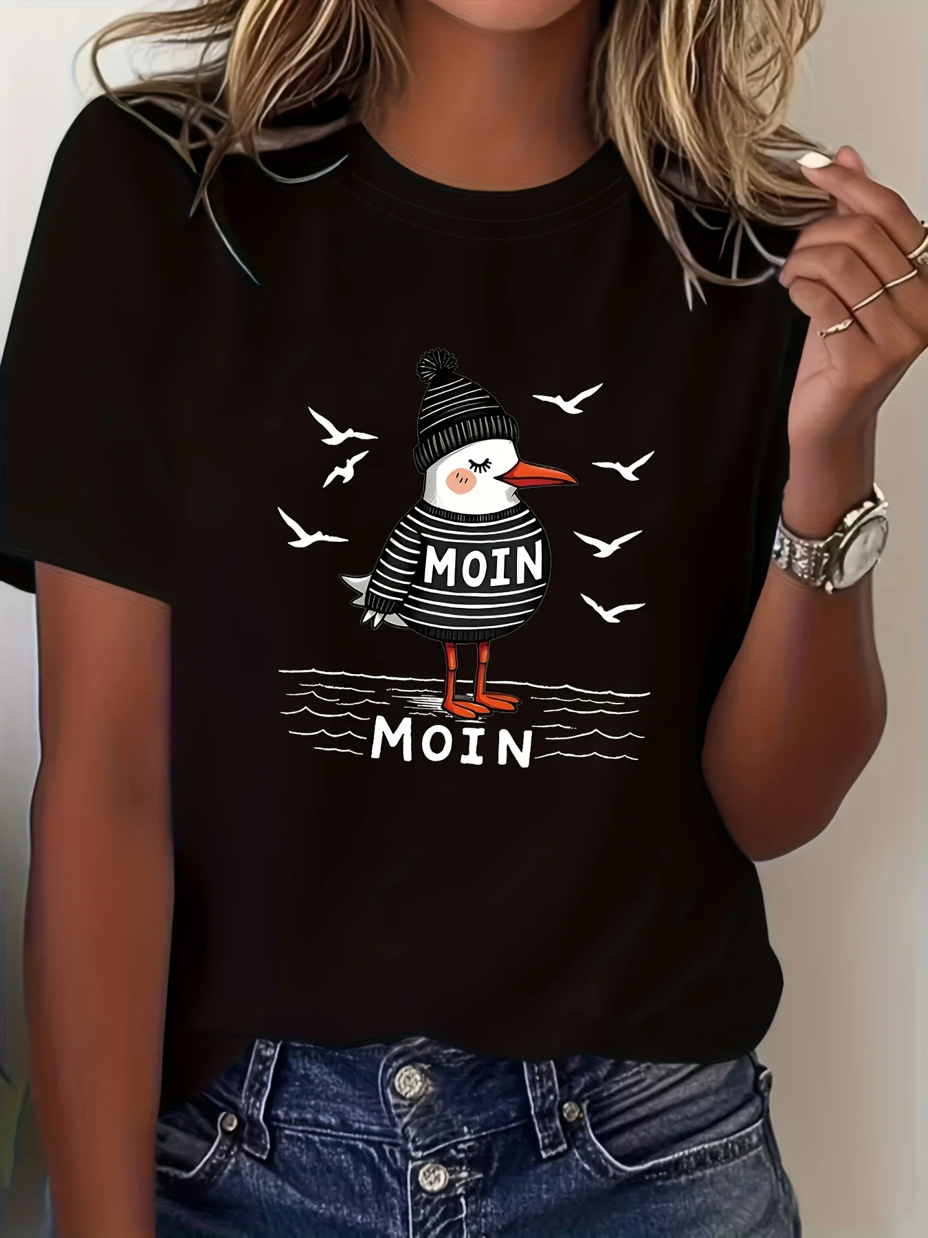 Northern German Greeting MOIN Striped Seagull Wave Graphic Print Women's T-shirt Short Sleeve Crew Neck Casual Top for Summer