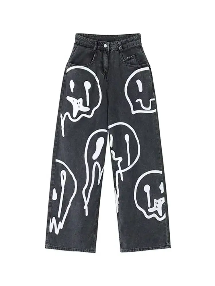 

Женские новогодние модные уличные джинсы Y2K с принтом в стиле хип-хоп, корейские свободные повседневные универсальные женские широкие джинсы с высокой талией